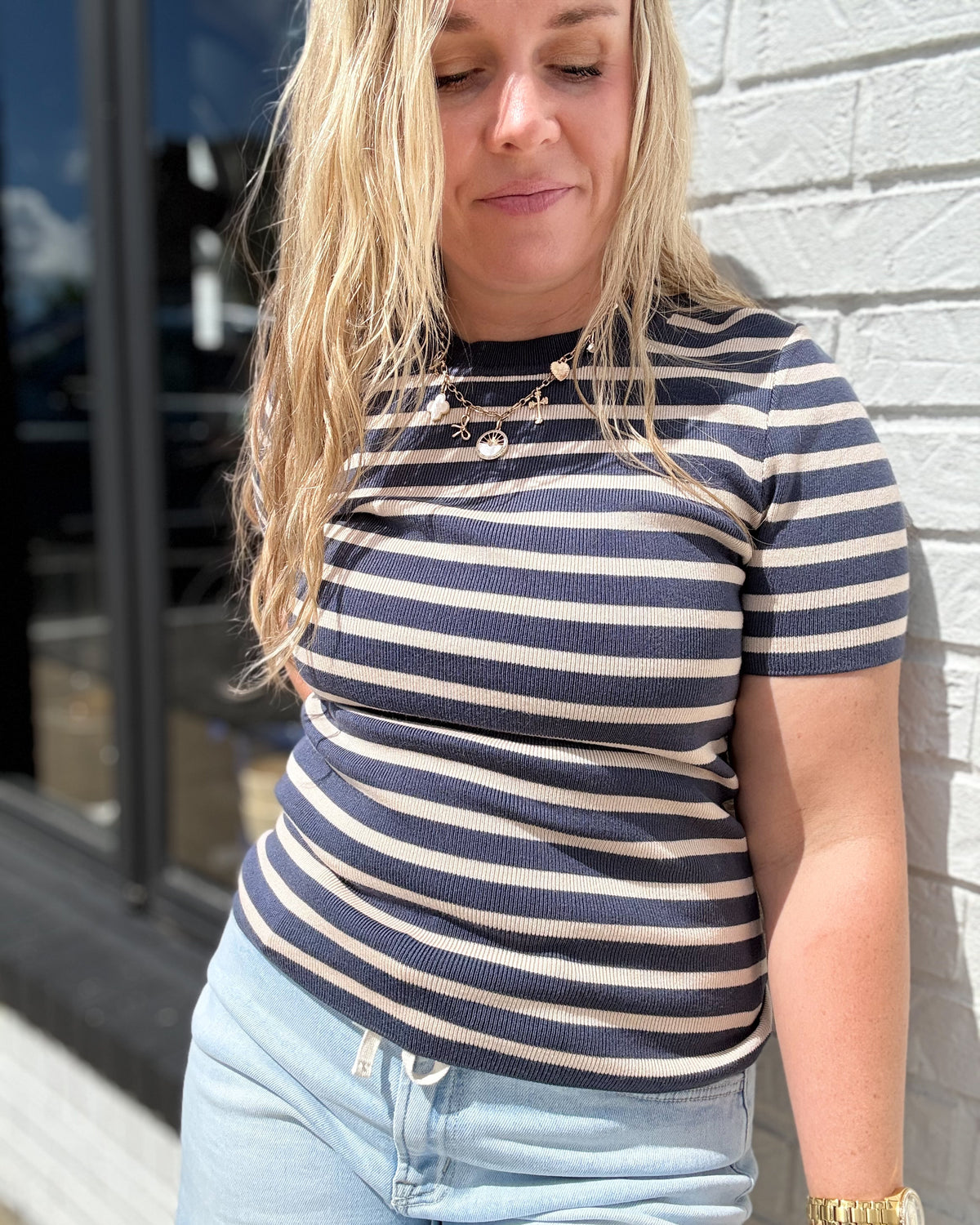 Teal Classic Striped Crewneck Short Sleeve Sweater