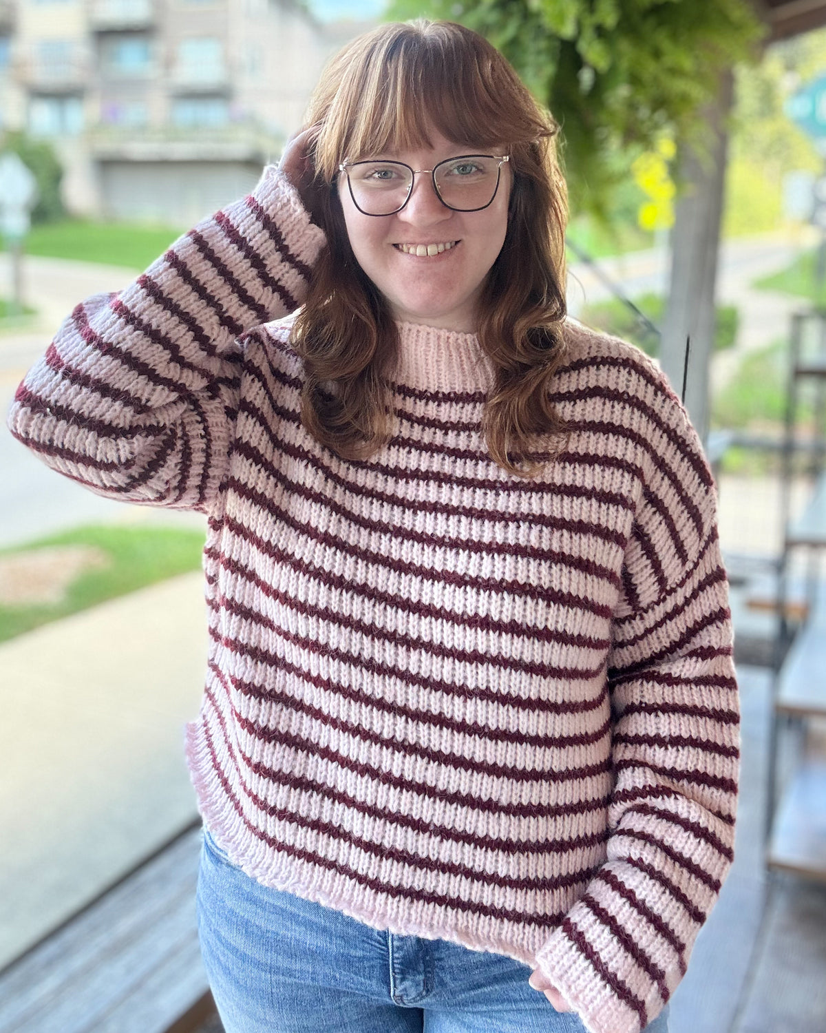 Light Pink Stripe Rolled Edge Knit Sweater