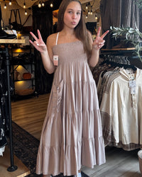 Ladies Boho Elastic Waist Smock Skirt-Light Khaki