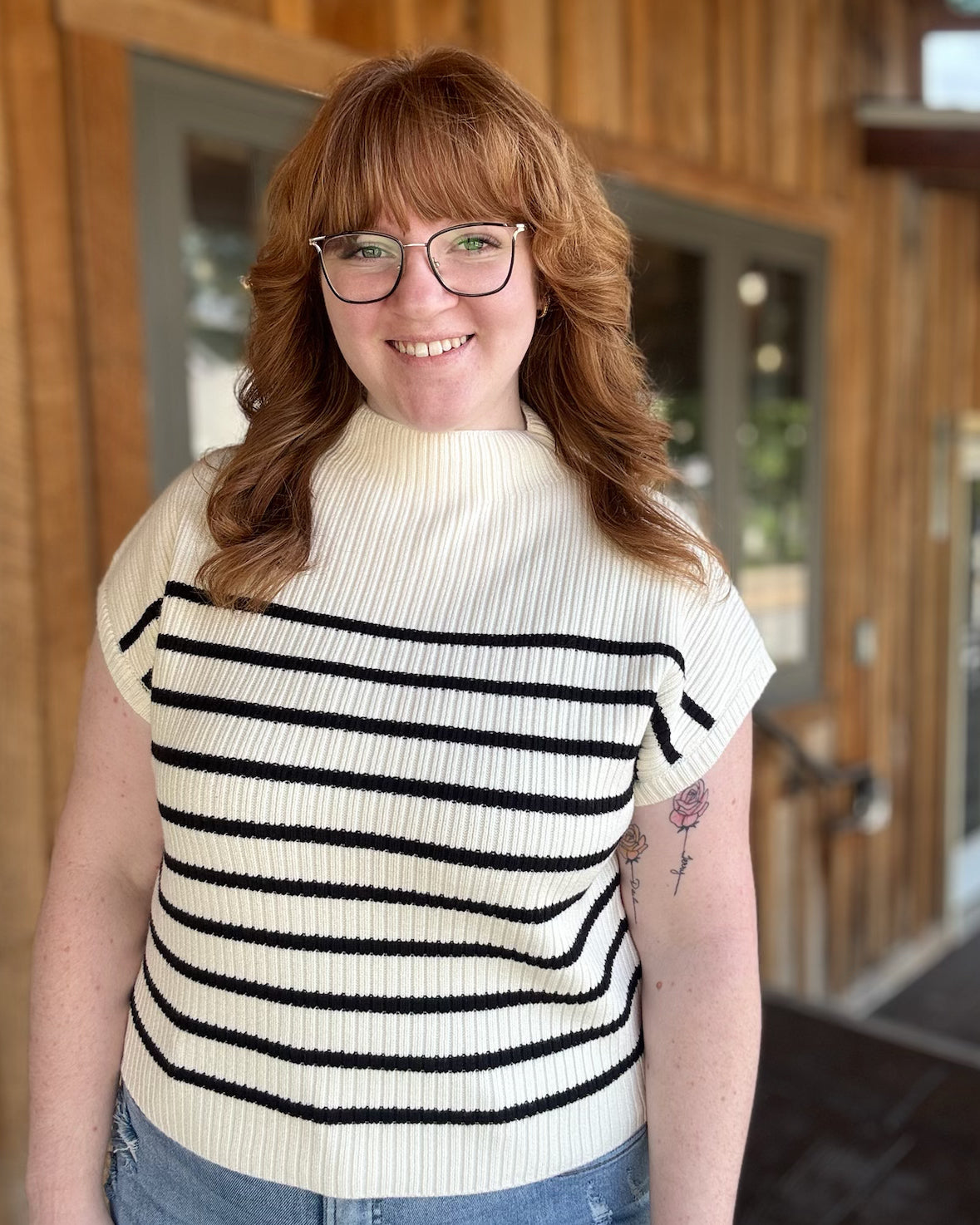 Ivory Stripe Mock Neck Short Sleeve Knit Sweater