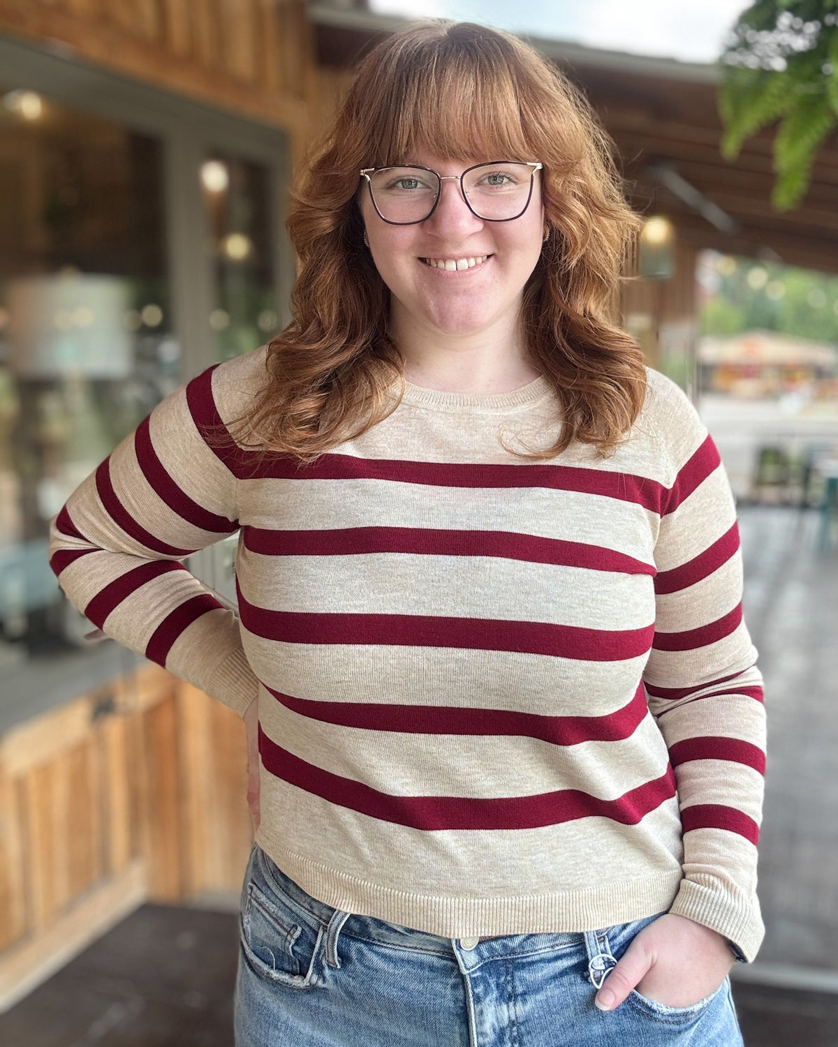 Dark Burgundy Lightweight Striped Round Neck Sweater