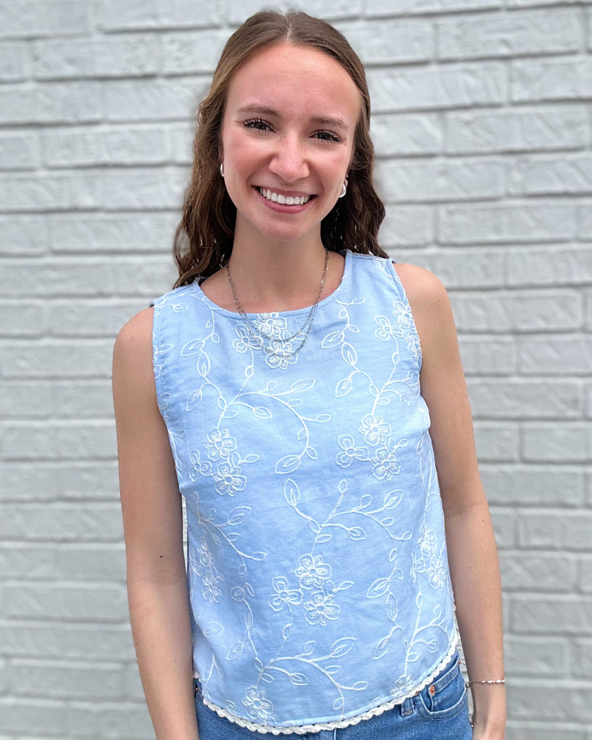 Blue Floral Pattern Sleeveless Lace Top