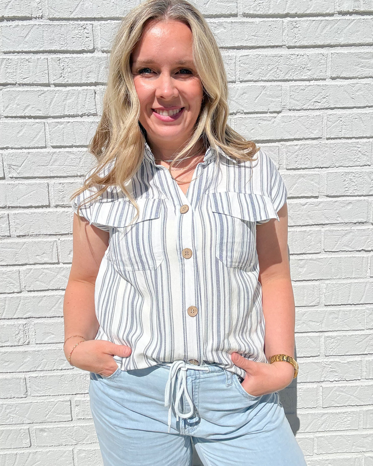 Navy Stripe Short Sleeve Pocket Tab Detail Shirt