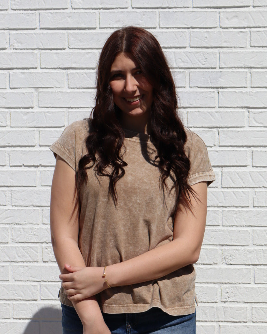 Washed Extended Shoulder Knit T-Shirt-Brown