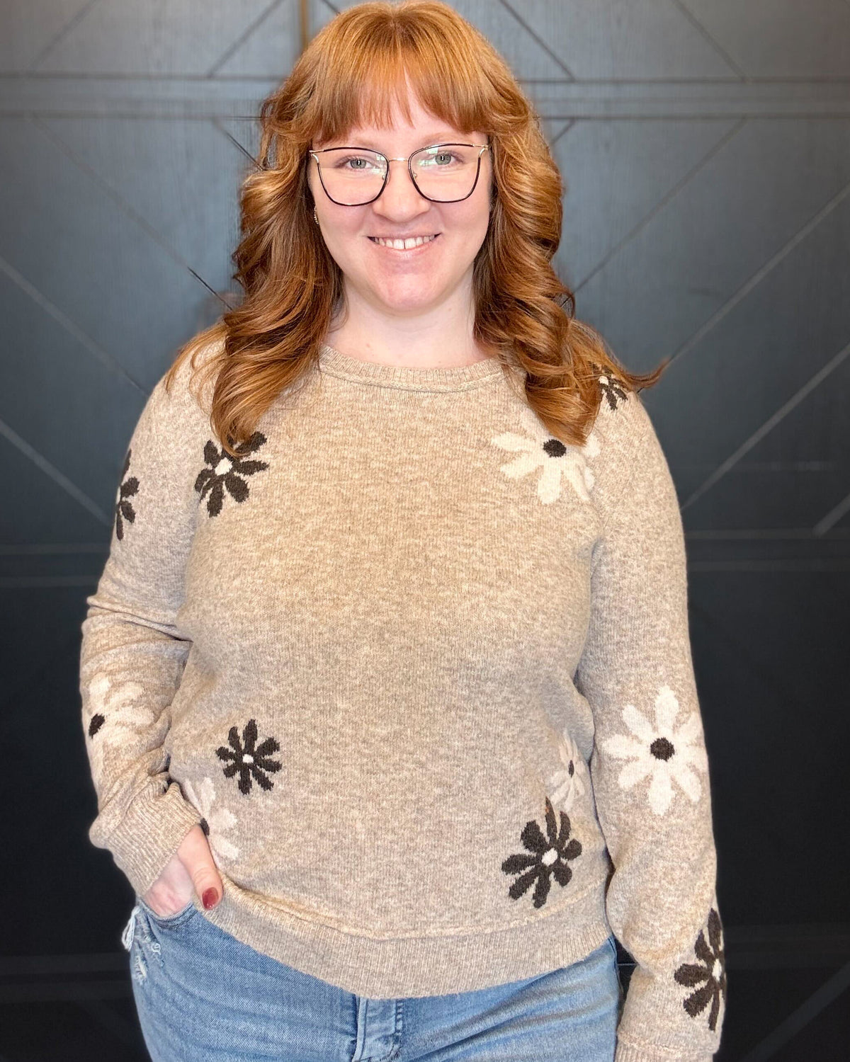 Mocha Wool Blend Floral Accent Sweater