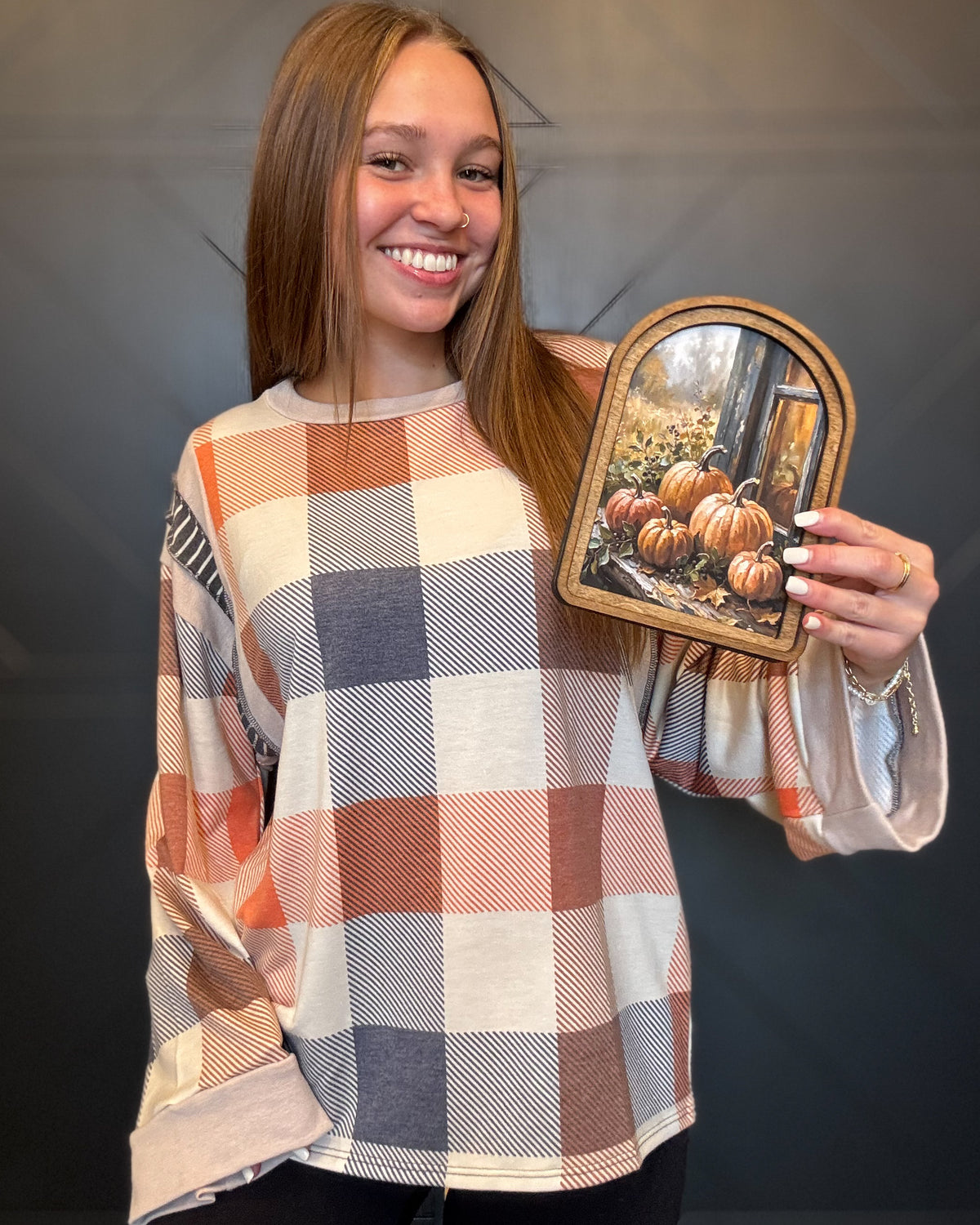 Plaid Taupe/Rust Colorblock Pullover Knit Top
