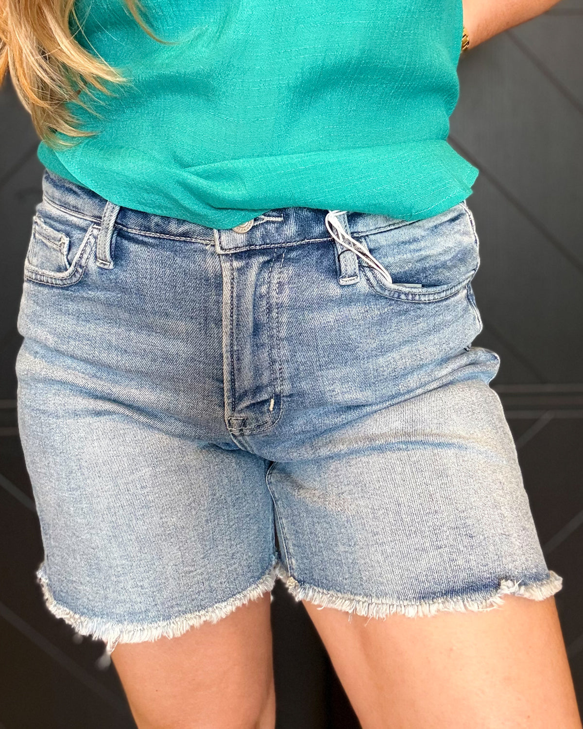 High Rise Raw Hem Midi Denim Shorts
