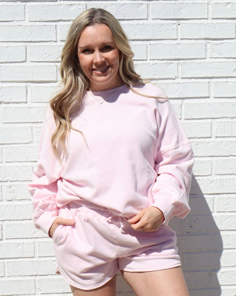 Acid Washed Over Size Sweatshirt - Soft Pink