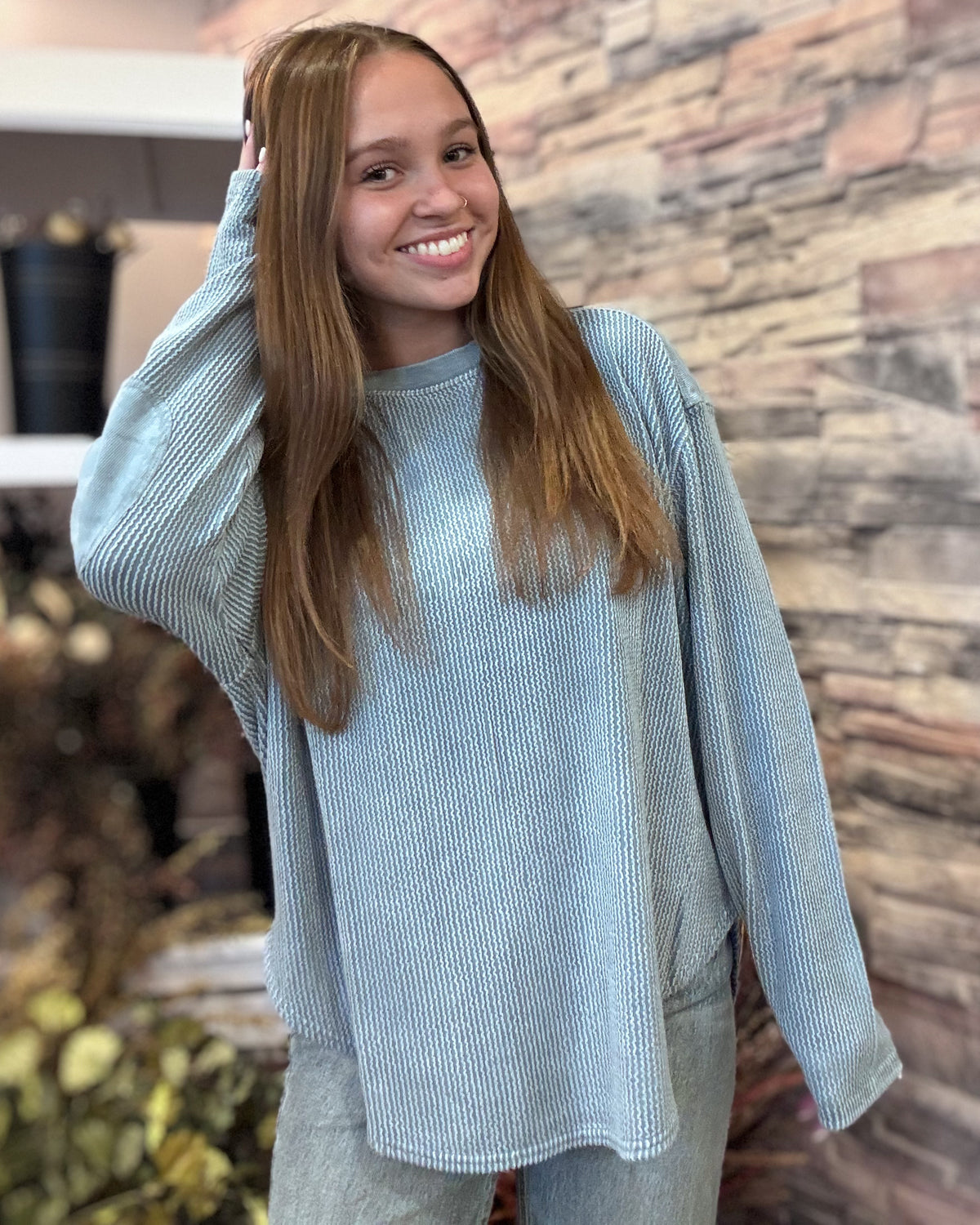 Light Denim Boxy Textured Long Sleeve Top