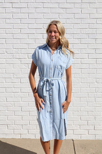 Stripe Chambray Collared Tie Belt Strap Midi Dress
