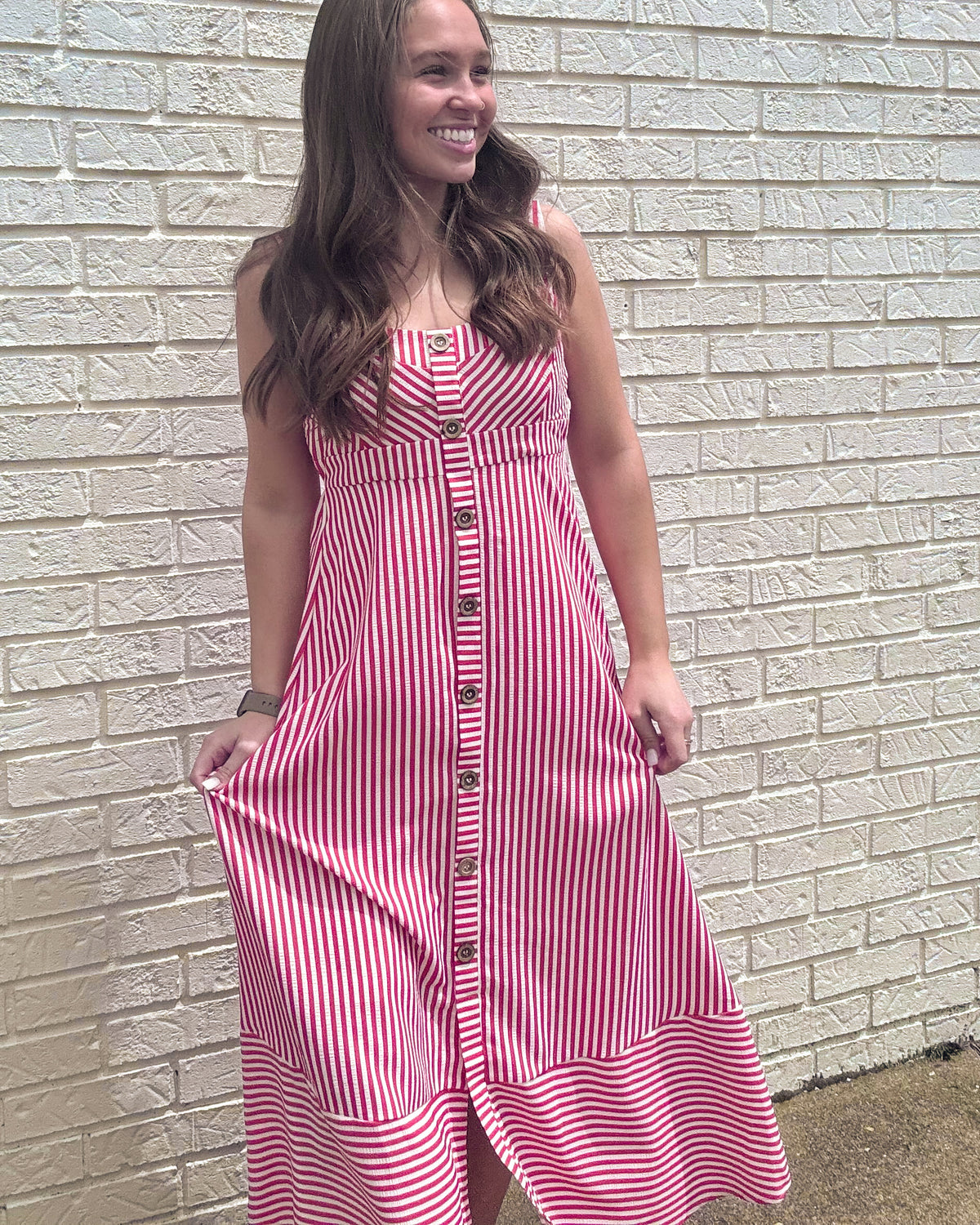 Red Stripe Sweetheart Button Down Midi Dress