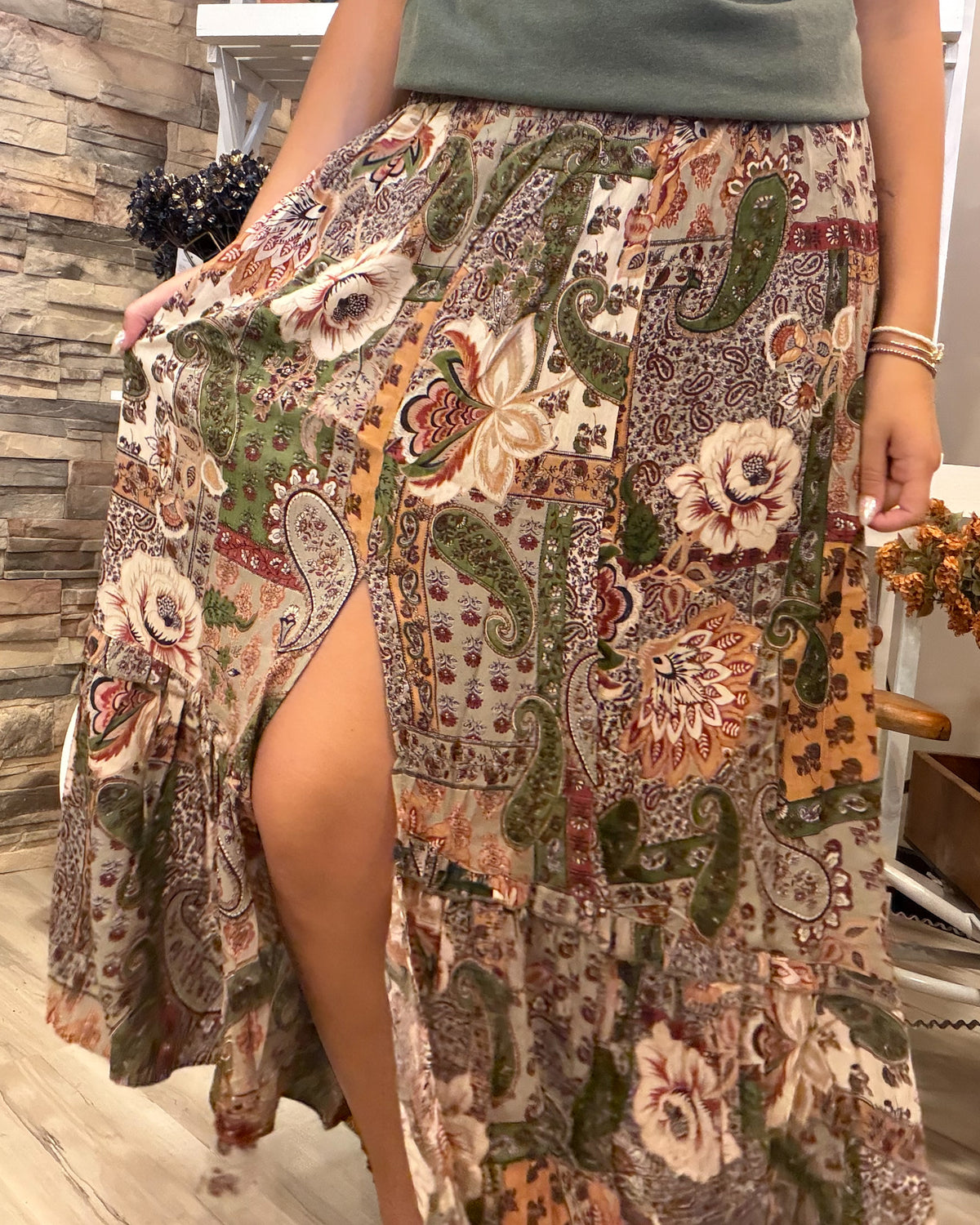 Safari Smocked Waist Skirt With Slit