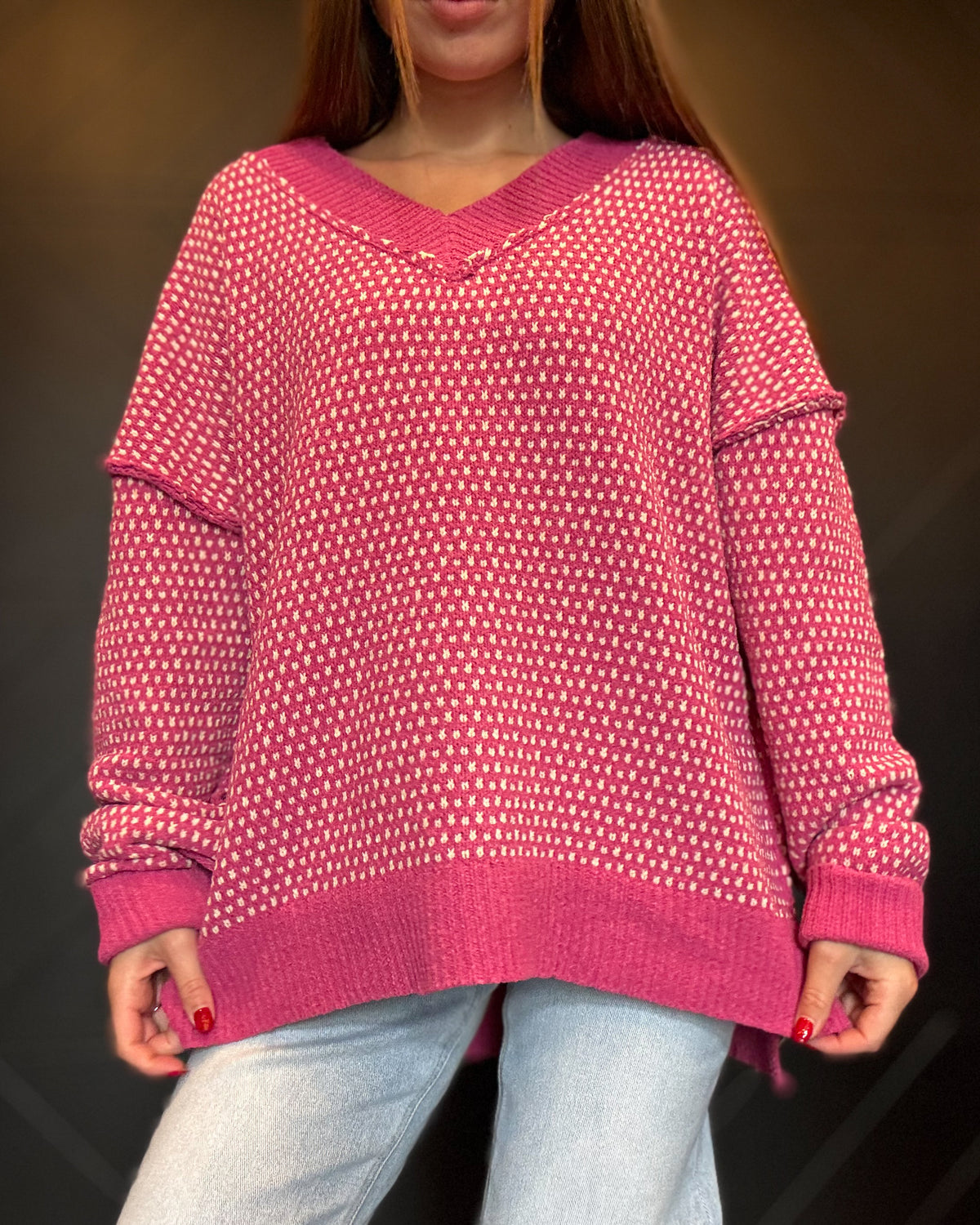 Hot Pink Contrast Stitch Reversible V-Neck