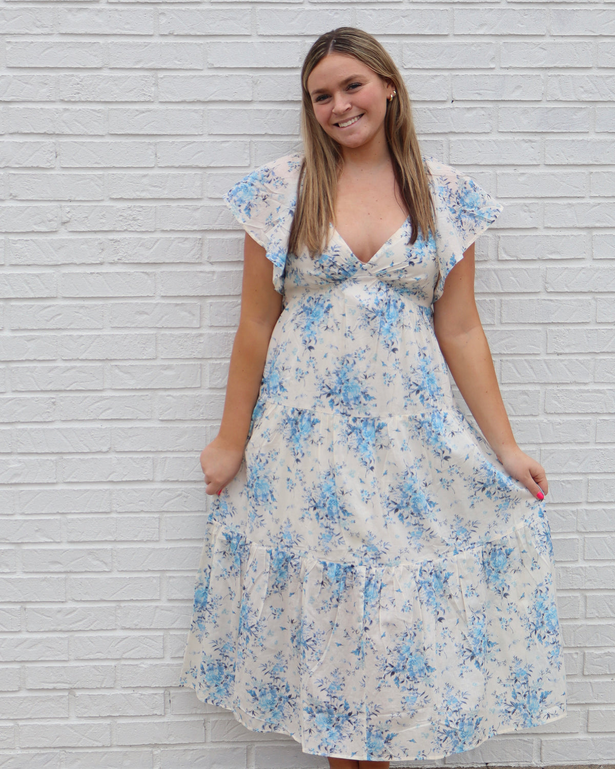 Tiered Floral Dress w/ Ruffle Sleeves - Blue