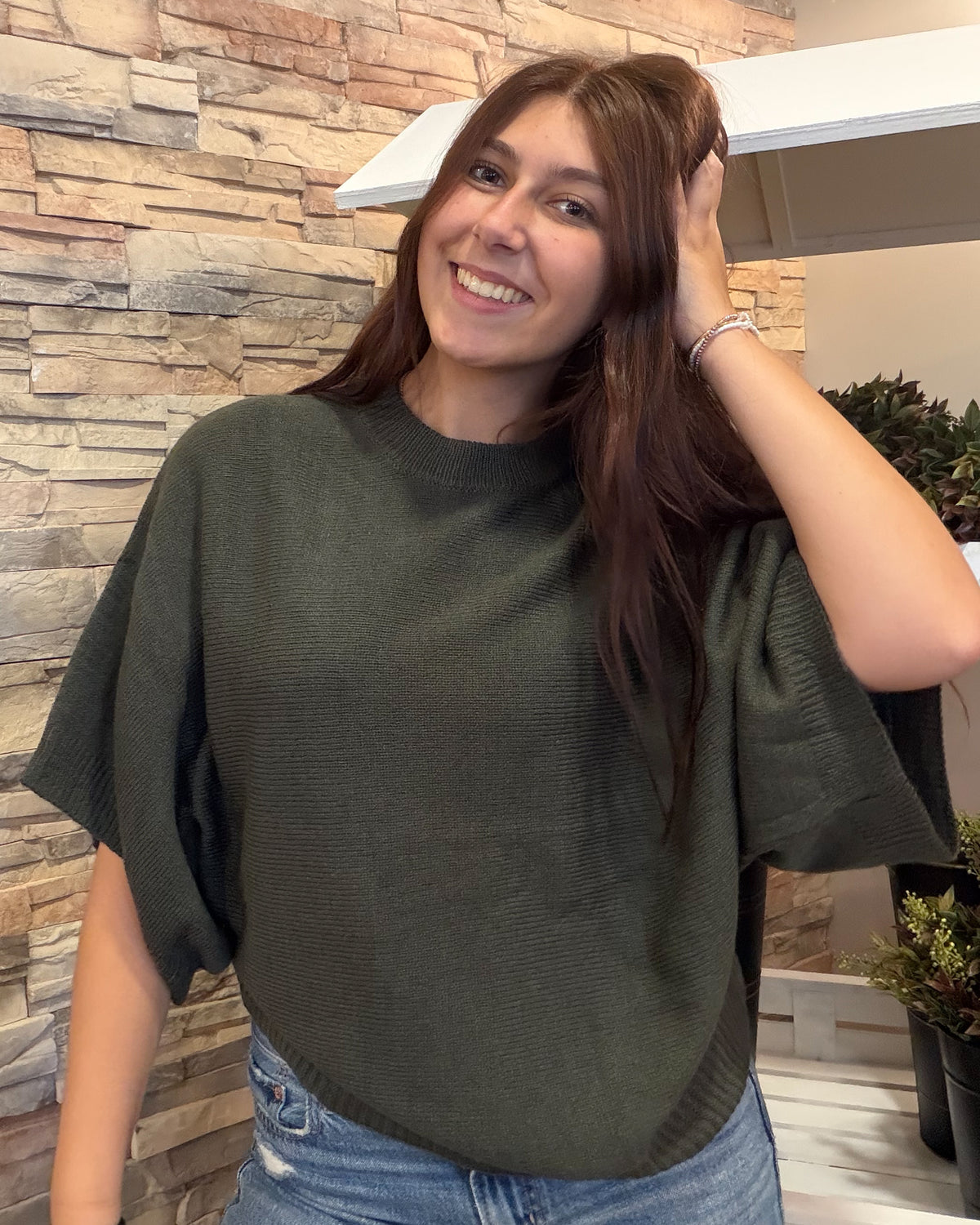 Cape Shaped Wool Blend Sweater-Winter Forest
