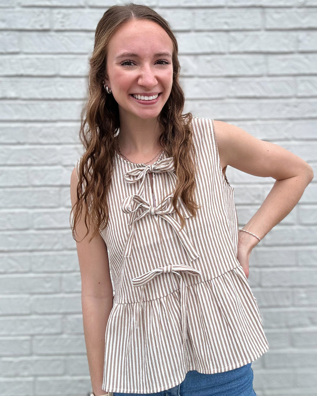 Mocha Stripe Front Tie Sleeveless Ruffle Hem Top