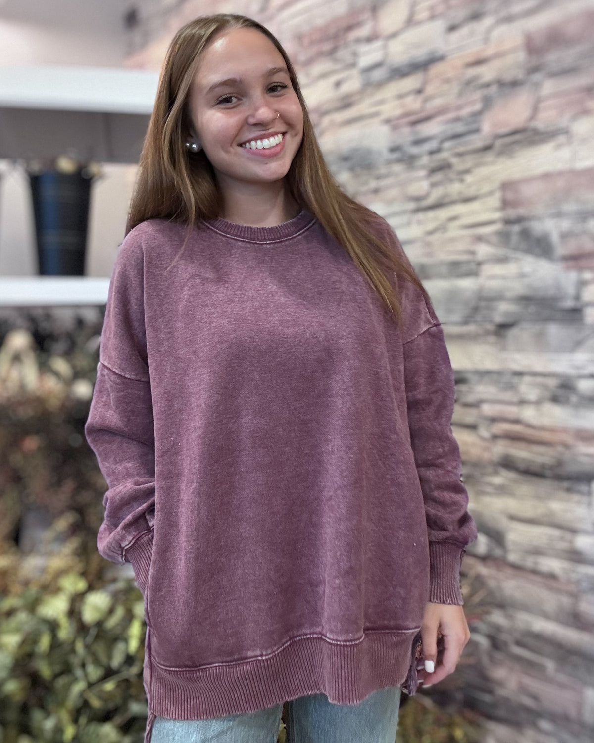 Eggplant Acid Wash Hi Low Hem Pullover
