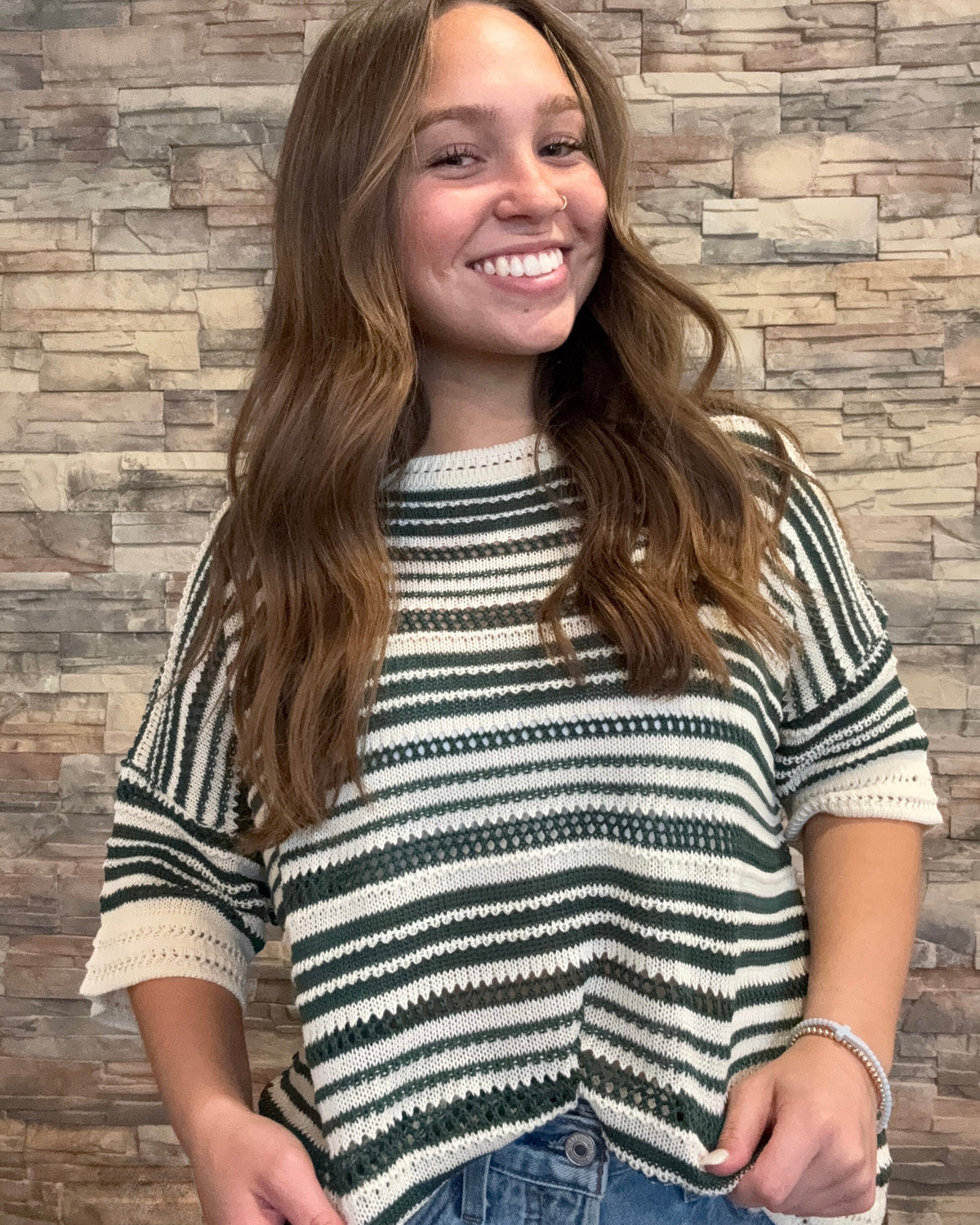 Short Sleeve Striped Knit Top-Multi Olive