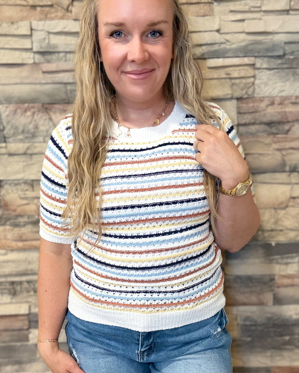 Denim Multi Color Stripe Short Sleeve Textured Sweater