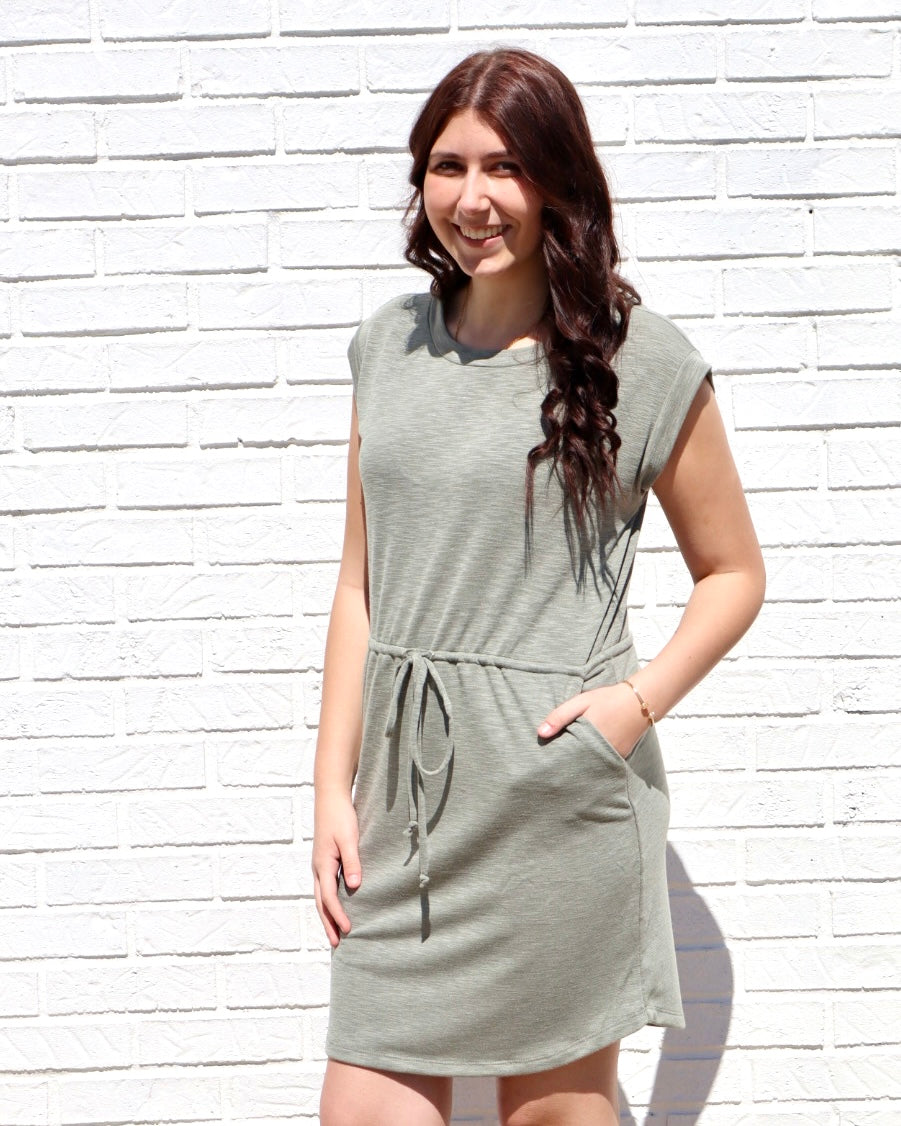 Drawstring Waist Slub Dress - Olive