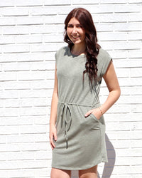 Drawstring Waist Slub Dress - Olive