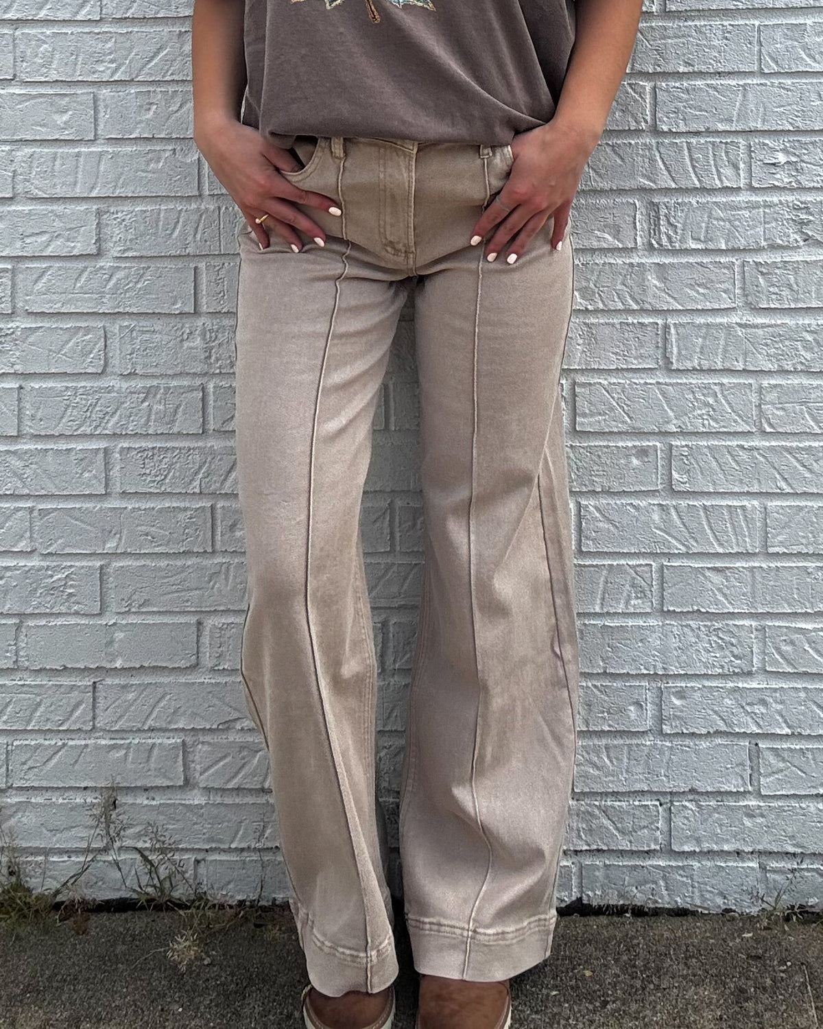 Ash Mocha High Rise Wide Leg Pintuck Color Denim Pants