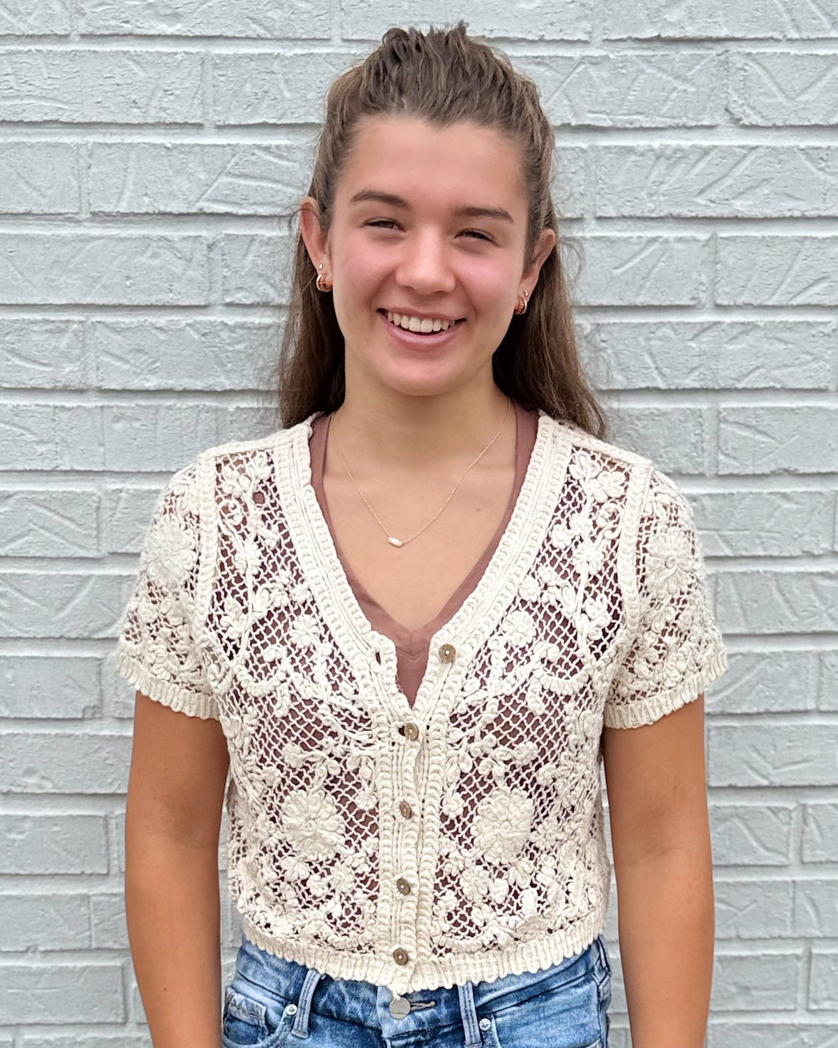 Floral Crochet Lace Button Top-Natural