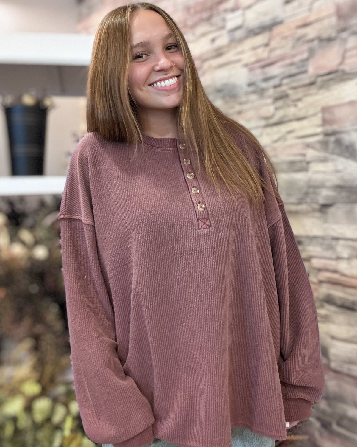 Burgundy Henley Long Sleeve Top