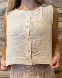 Natural Textured Button Down Sleeveless Top
