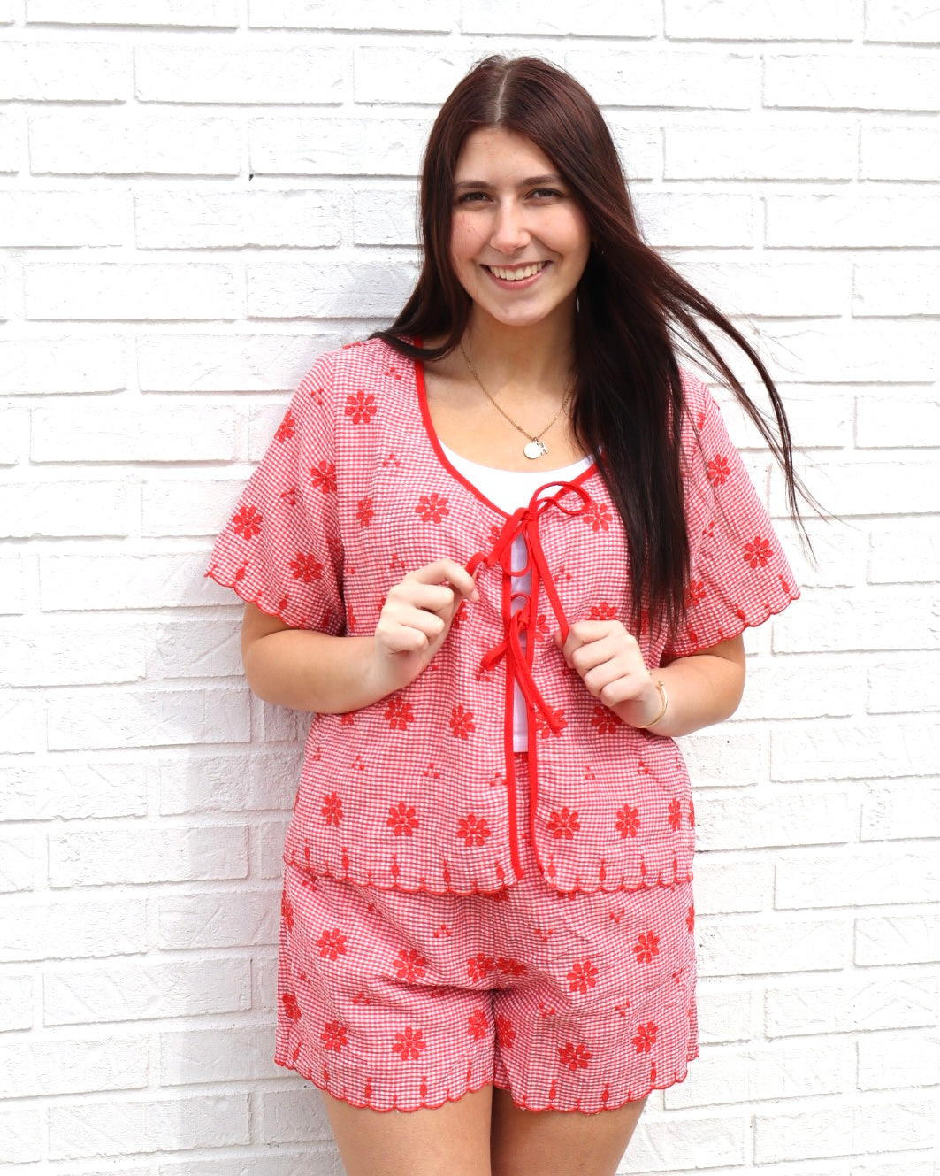 Floral Embroidery Woven Top & Shorts Set - Red