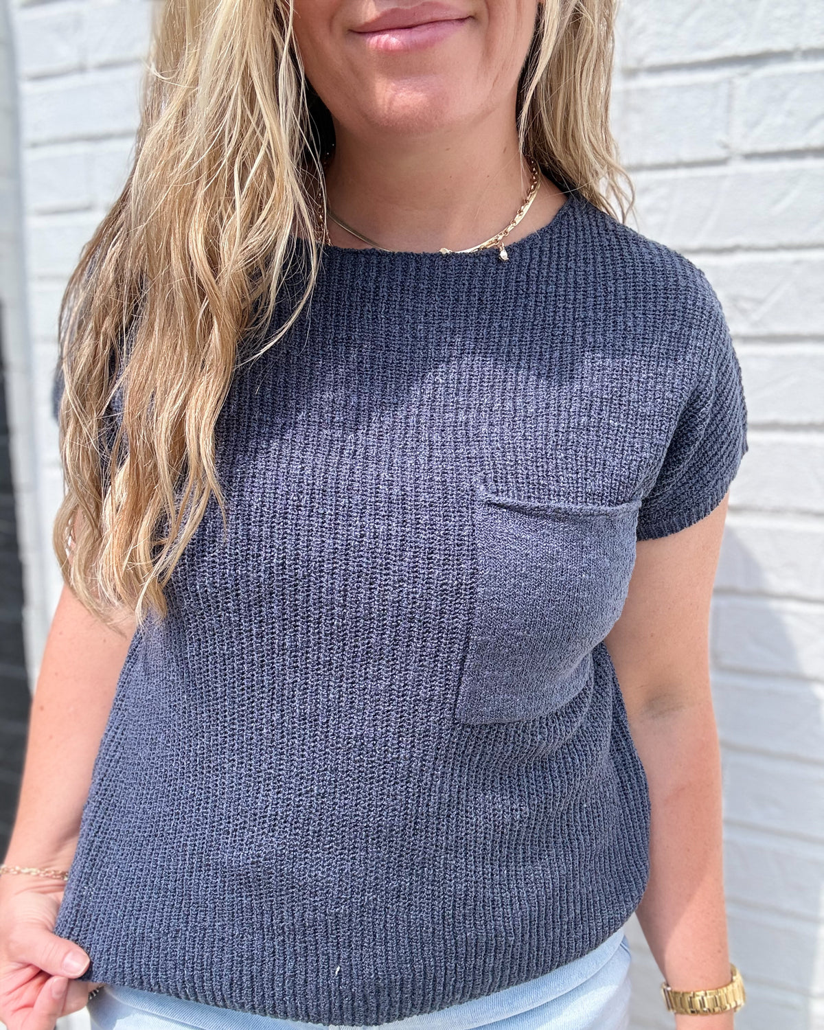 Dark Slate Patch Pocket Dolman Short Sleeve Top