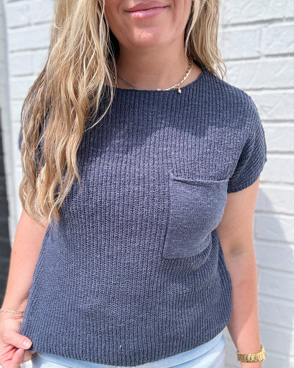 Dark Slate Patch Pocket Dolman Short Sleeve Top