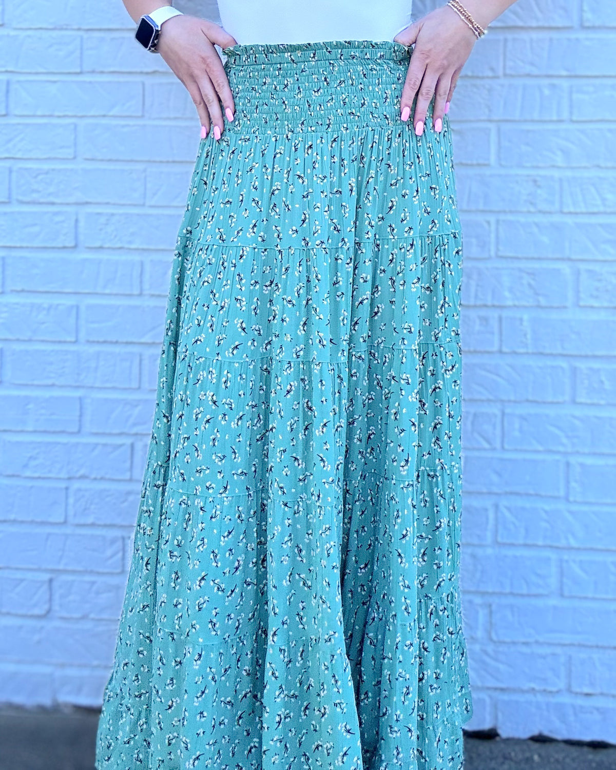 Printed Tiered Maxi Skirt-Green