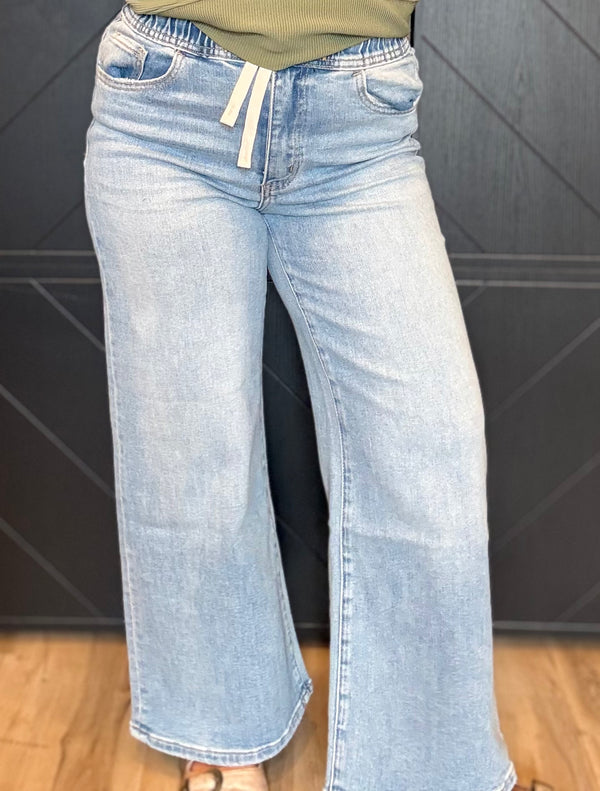 Super High Rise Elastic Waistband Crop Wide Leg Denim