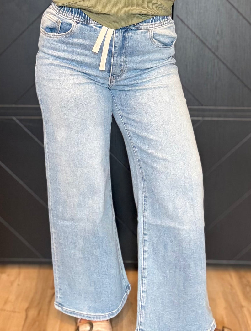 Super High Rise Elastic Waistband Crop Wide Leg Denim
