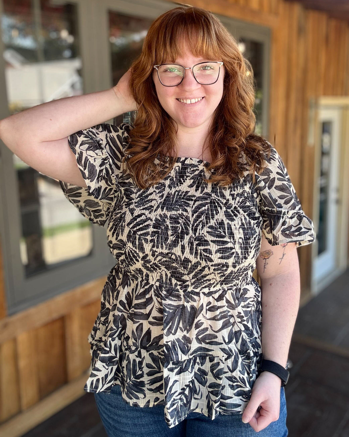 Botanical Print Smocked Square Neck Top