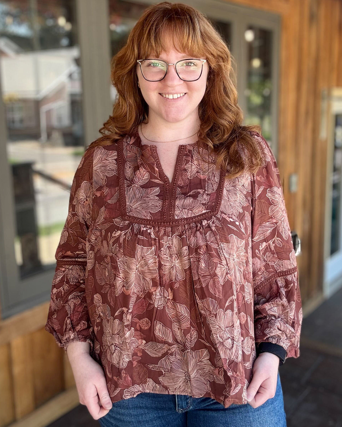 Brown Floral Crochet Trim Babydoll Blouse