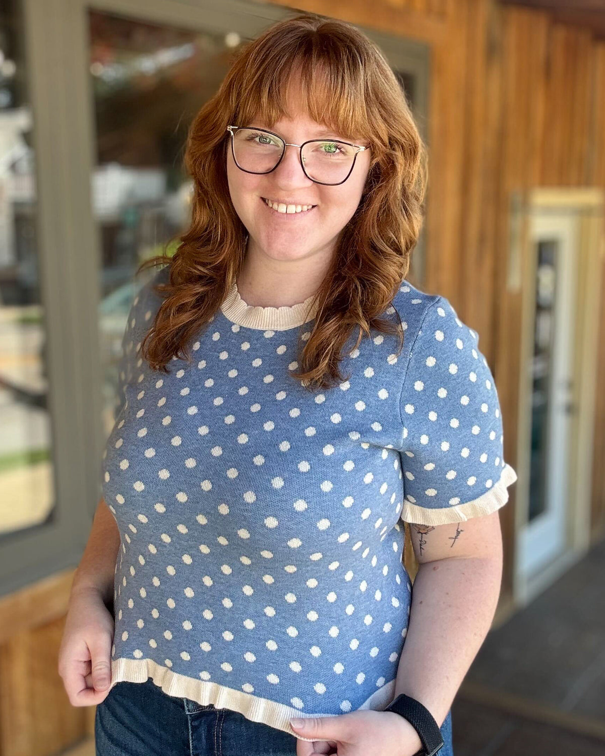 Dusty Blue/Ivory Polka Dot Ruffled Short Sleeve Top