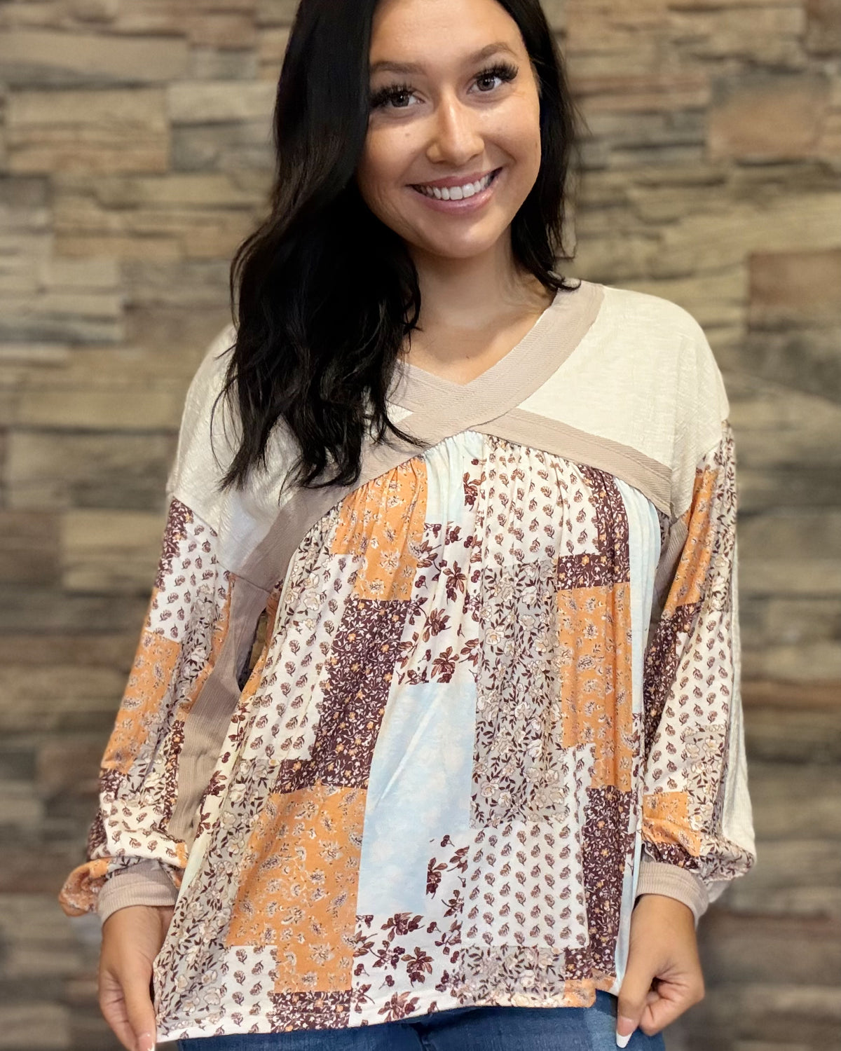 Floral Contrast Long Sleeve Top