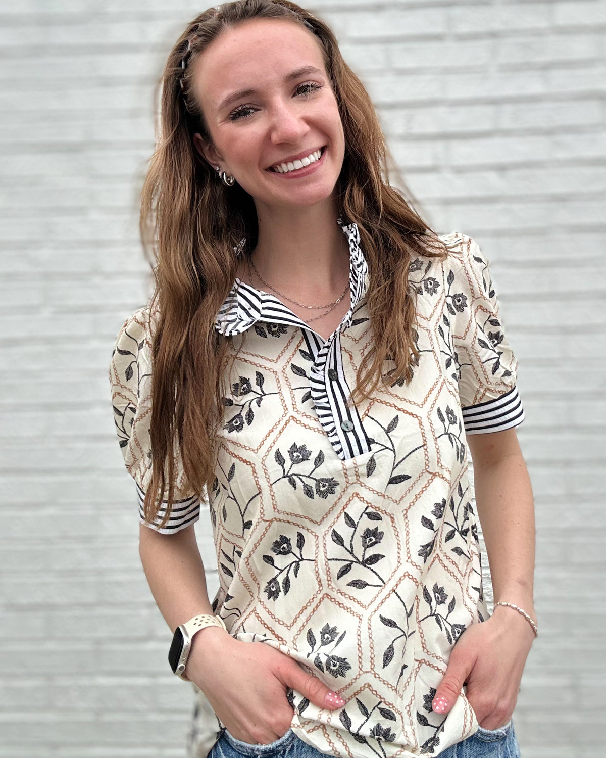 White Floral Print Striped Patchwork Short Sleeve Blouse