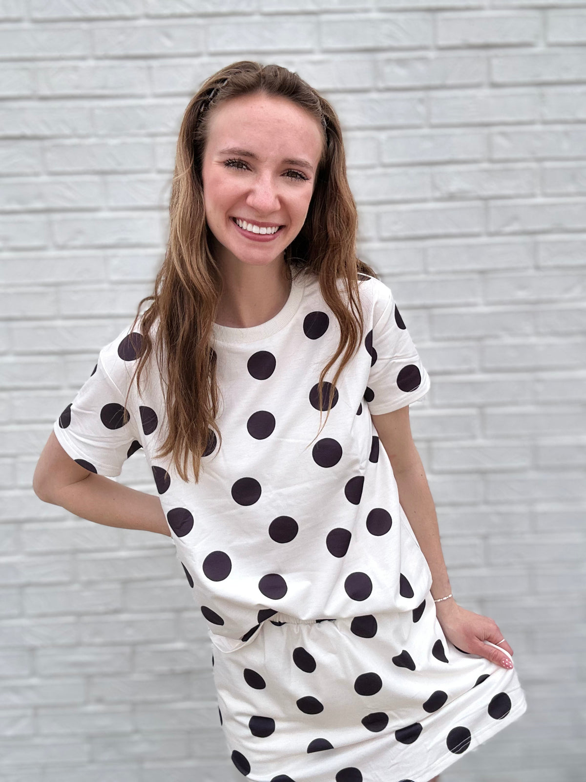 White Polka Dot Short Sleeve Top/Casual Skort Set