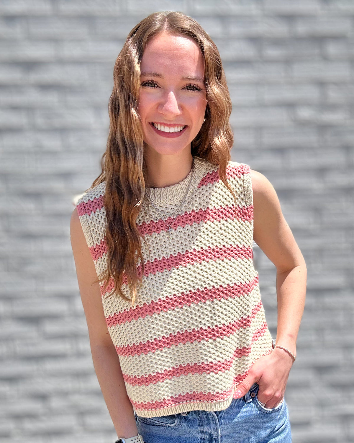 Strawberry Milk Chunky Striped Mock Crew Neck Sleeveless Sweater Top