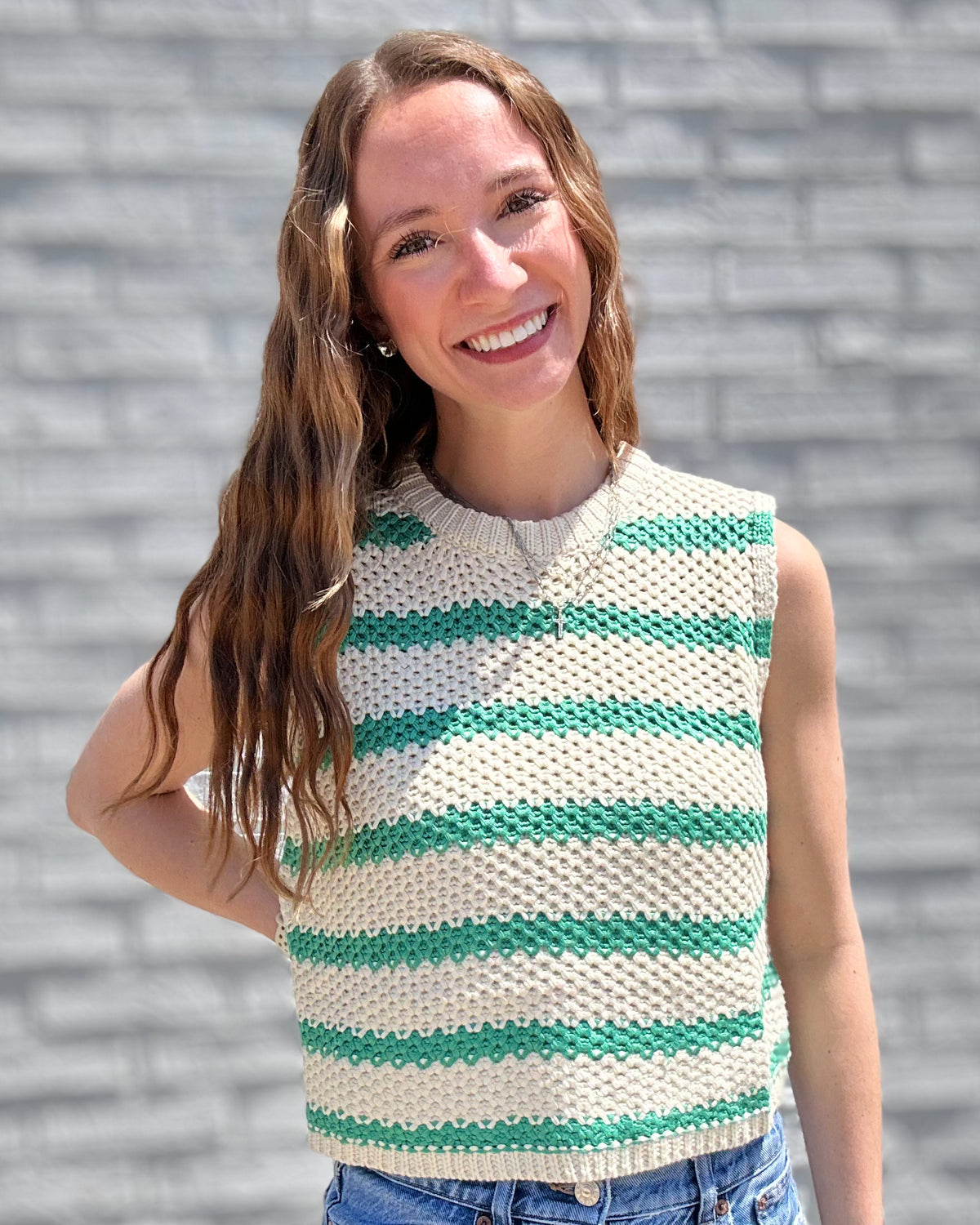 Spearmint Chunky Striped Mock Crew Neck Sleeveless Sweater Top