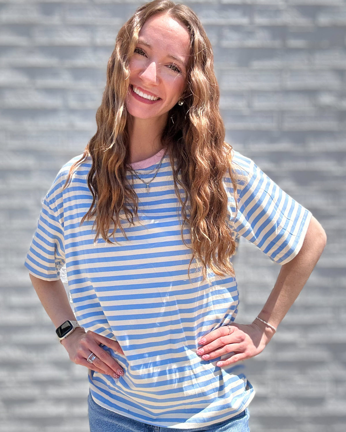 Sky Blue Stripe Contrast Crew Neck Tee