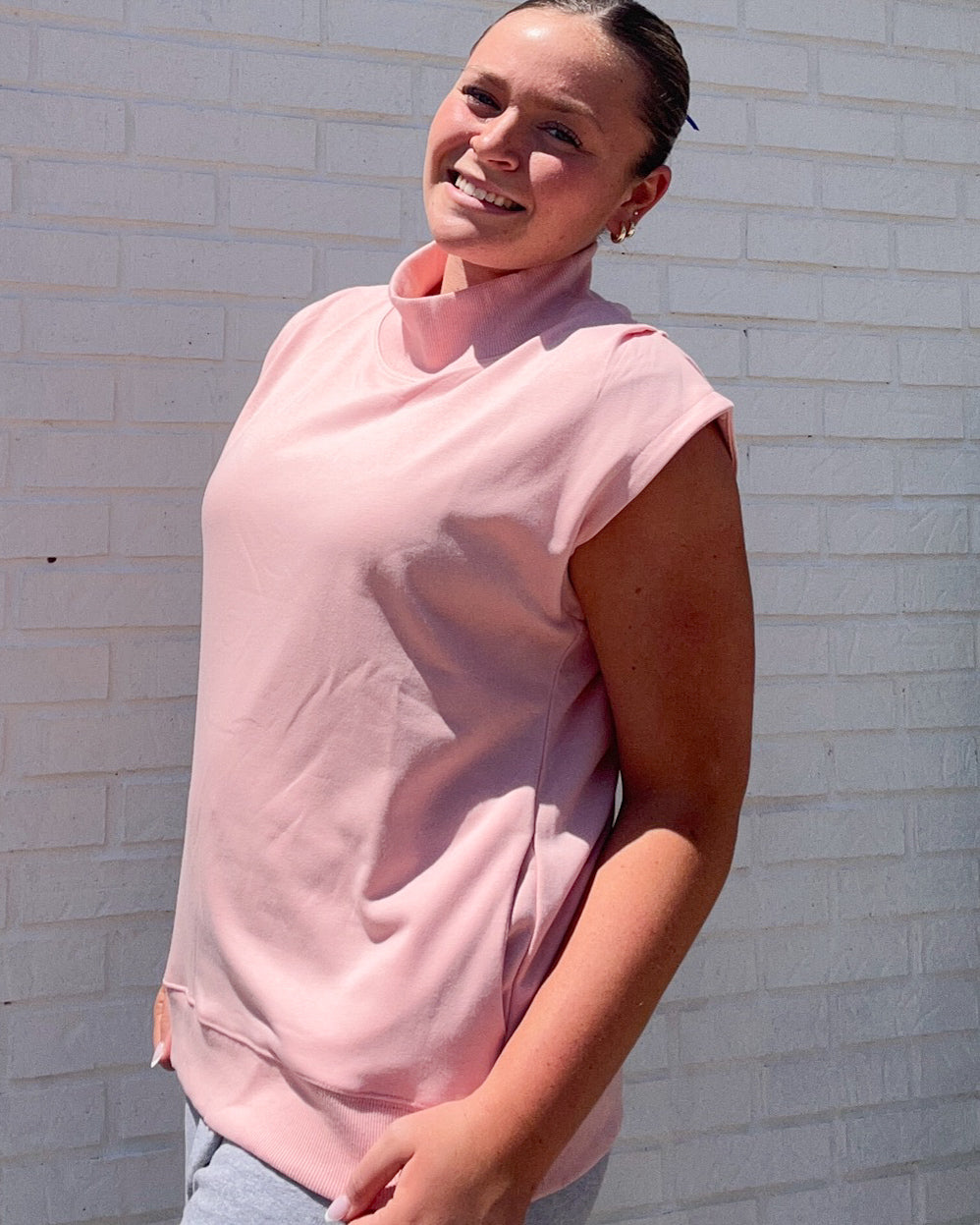 Pink Solid Color High Neck Loose Top