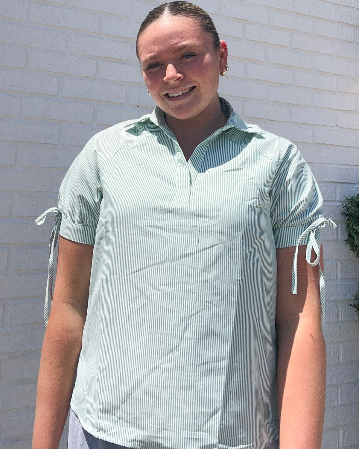 Mint Green Striped Print Collared Half Sleeve Blouse