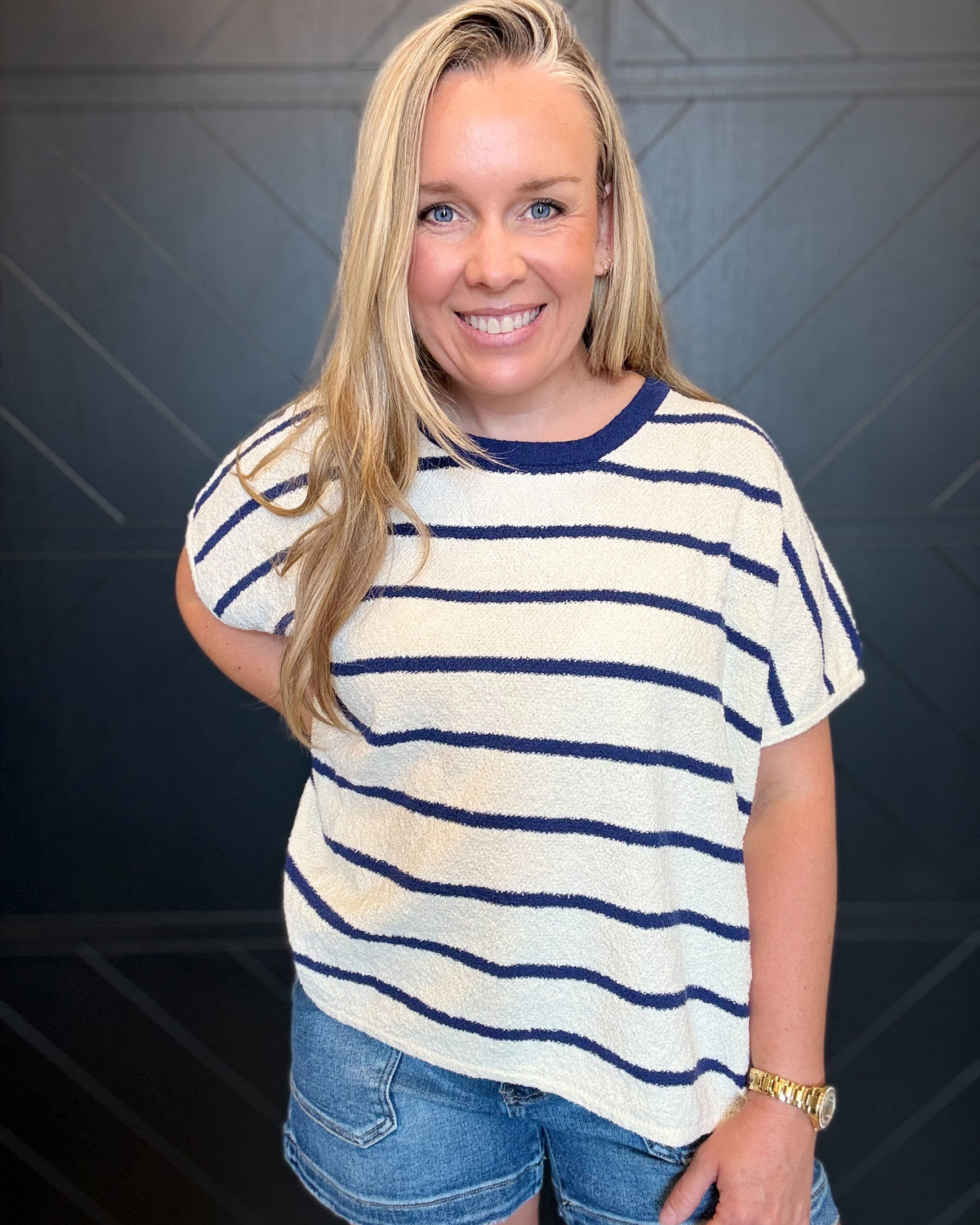 Striped Oversize Sweater Top-Navy