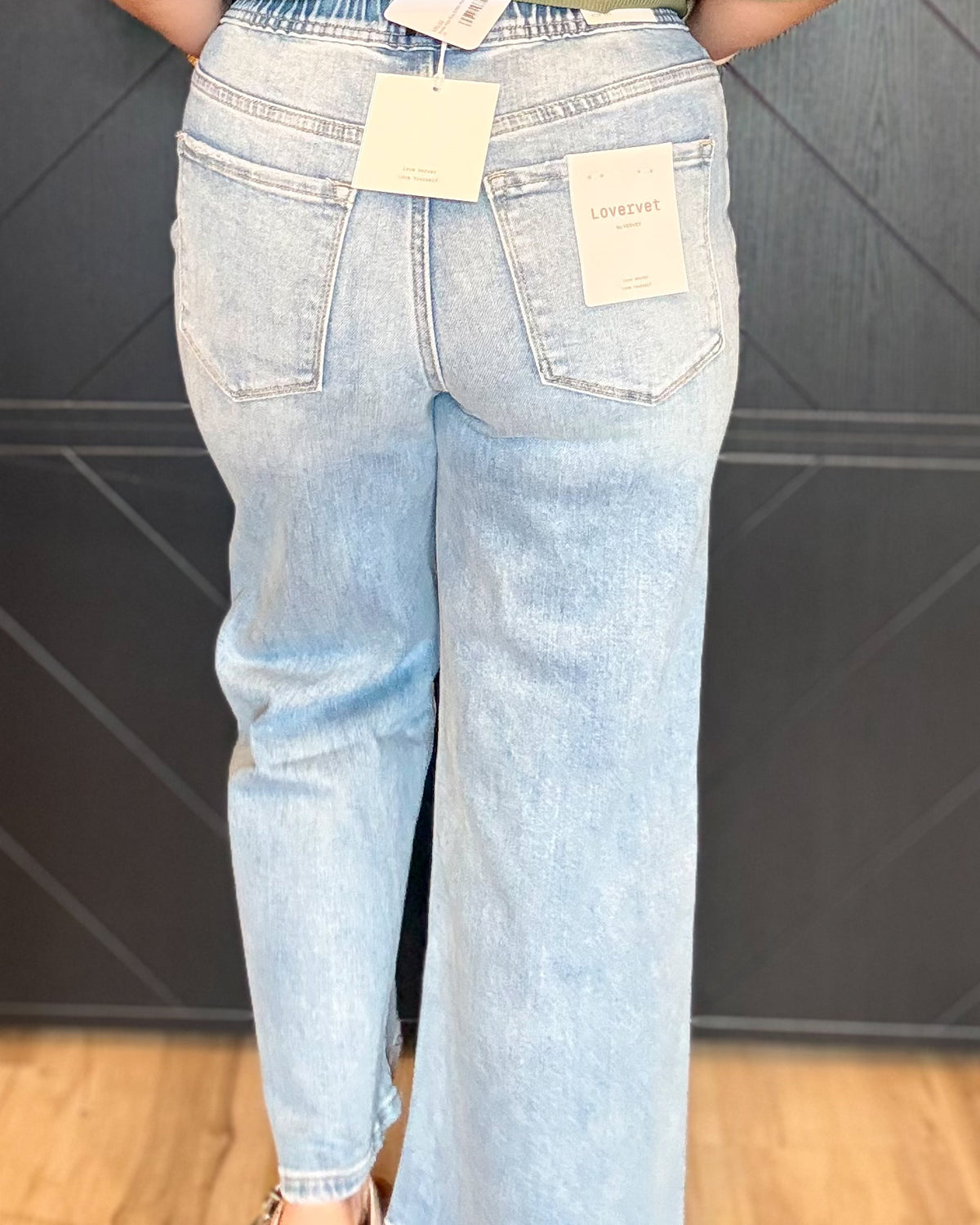 Super High Rise Elastic Waistband Crop Wide Leg Denim