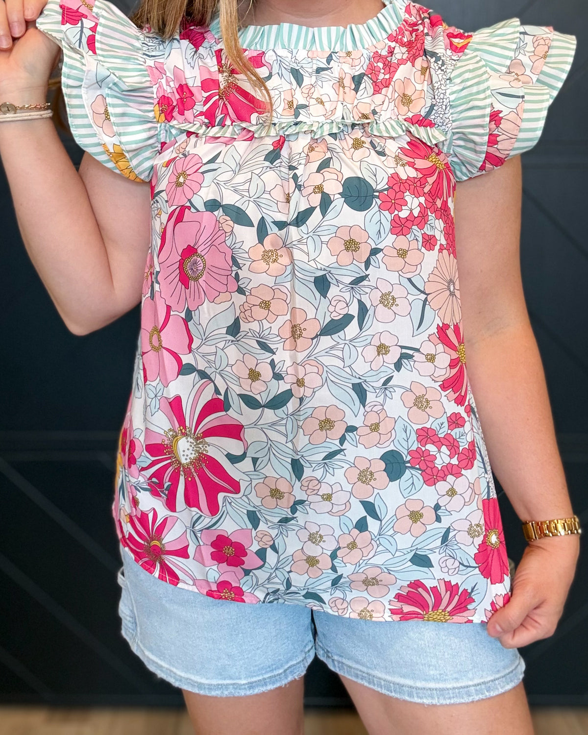 Pink Floral Print Contrast Ruffle Trim Blouse