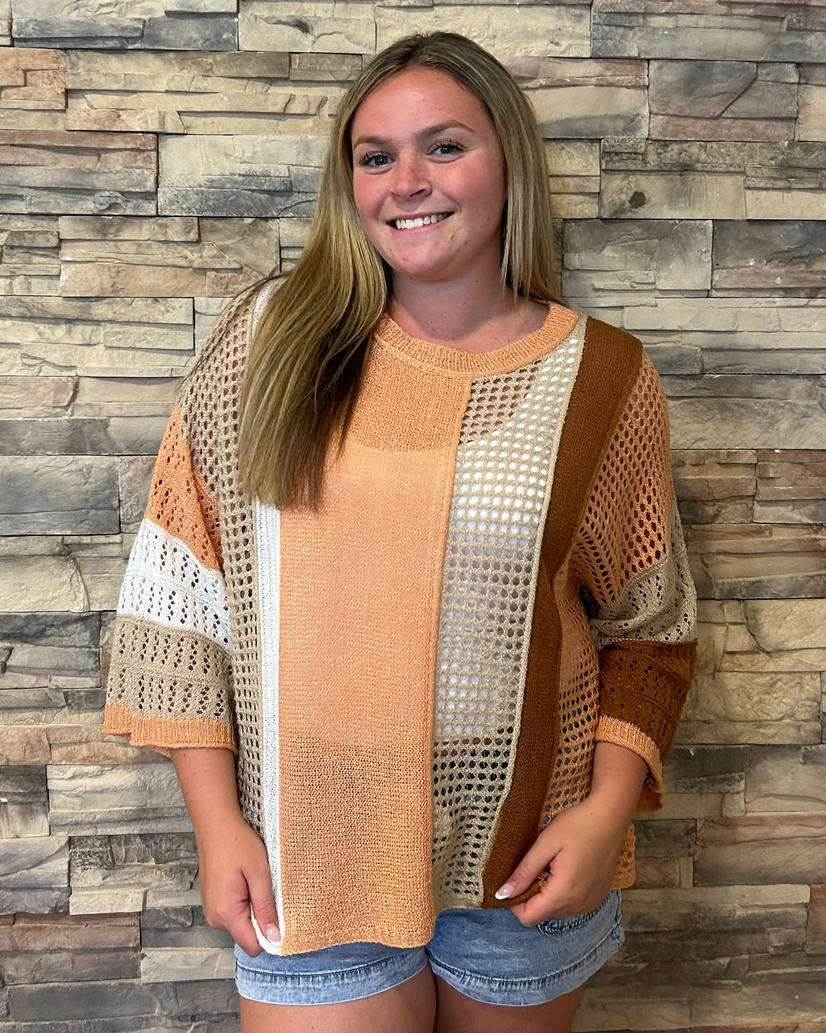 Contrast Striped Short Sleeve Knit Top-Coral
